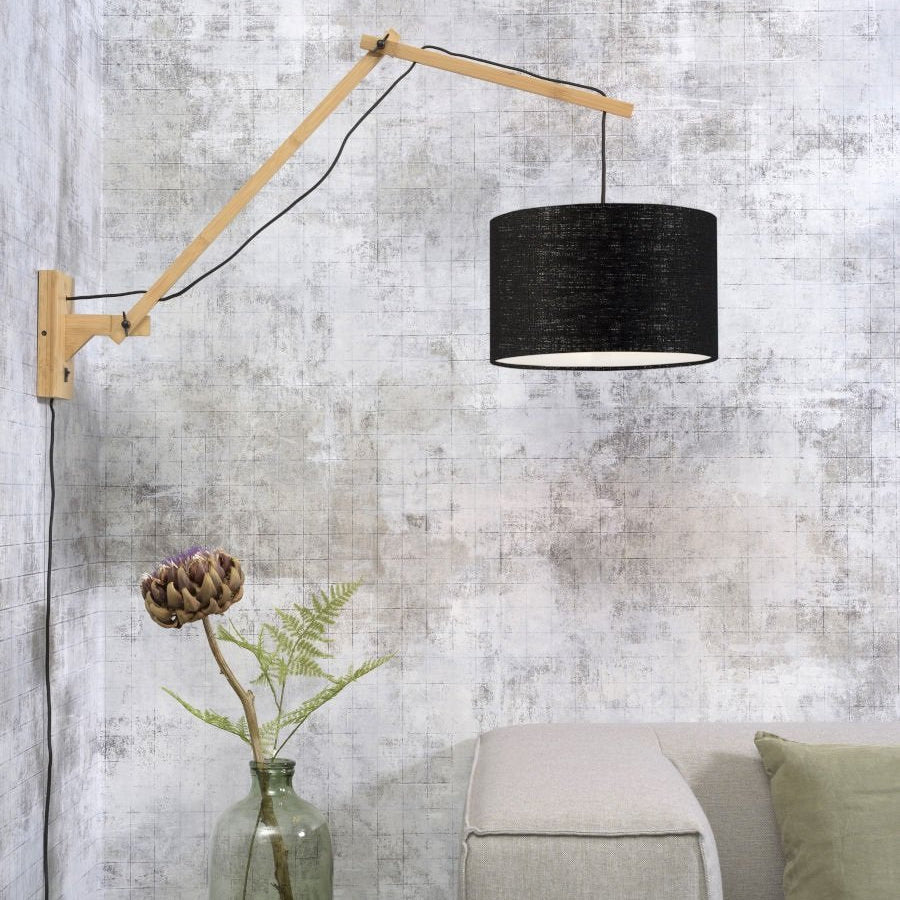 Applique Murale Andes Bras Articulé Bambou Naturel et Abat-Jour Écolin Noir 95x70 cm L
