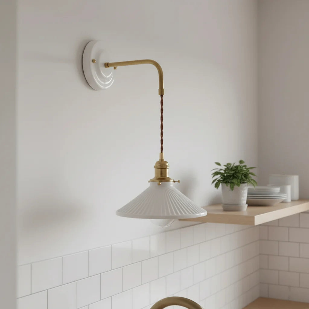 Applique Murale Céramique Plissée Suspendue, Bras Laiton